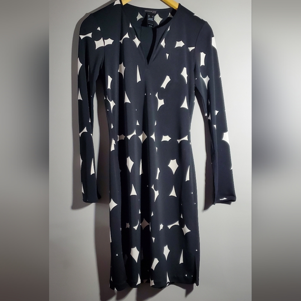 Small Kenneth Cole Elegant White And Black Geometric Patterned Dress Long Sleeve
